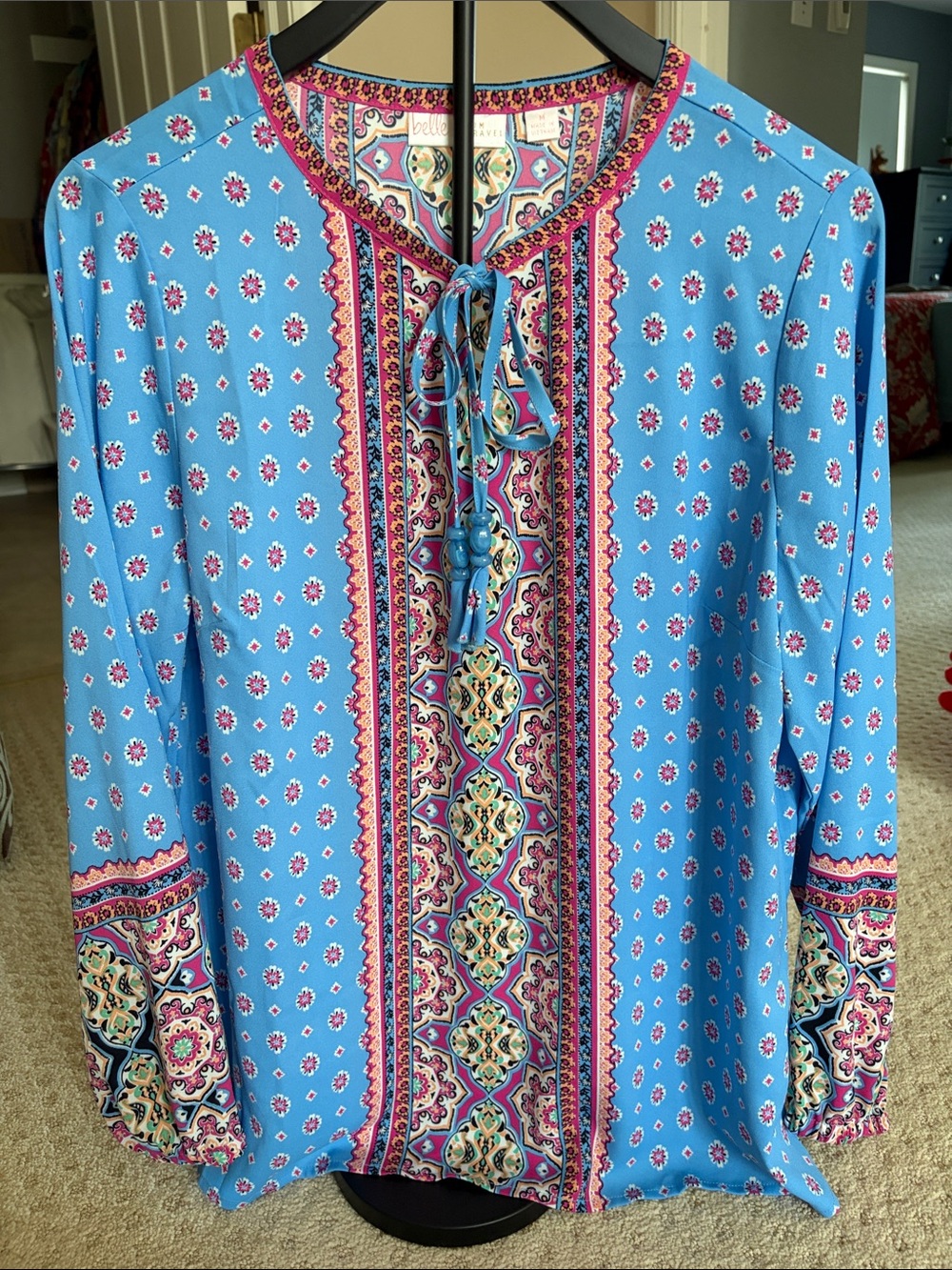 Belle by Kim Gravel Blue Printed Tie-Neck Blouse with Pink & Cream Accents